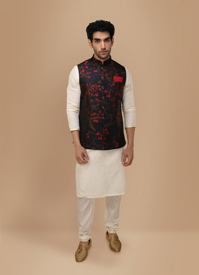 alt message - Manyavar Men Royal Blue Self Print Jacket image number 1